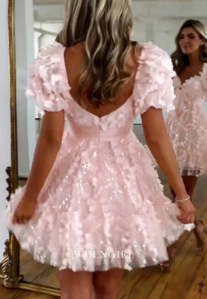 Blush A-Line Short Puff Sleeves Bowknot Tulle Back Zipper Short Homecoming Dress