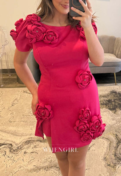 Red Bateau Neck Short Sleeveless 3D Flowers Back Zipper Short Sheath Homecoming Dress