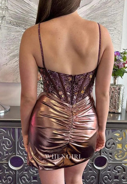 Taupe Spaghetti Straps Sleeveles Side Slit Cut Glass Mirro Sheath Short Homecoming Dress