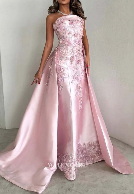 Pale Blush Sleeveless Appliqued Tube Top Formal Dress Floral Sheath Satin Evening Dress with Train