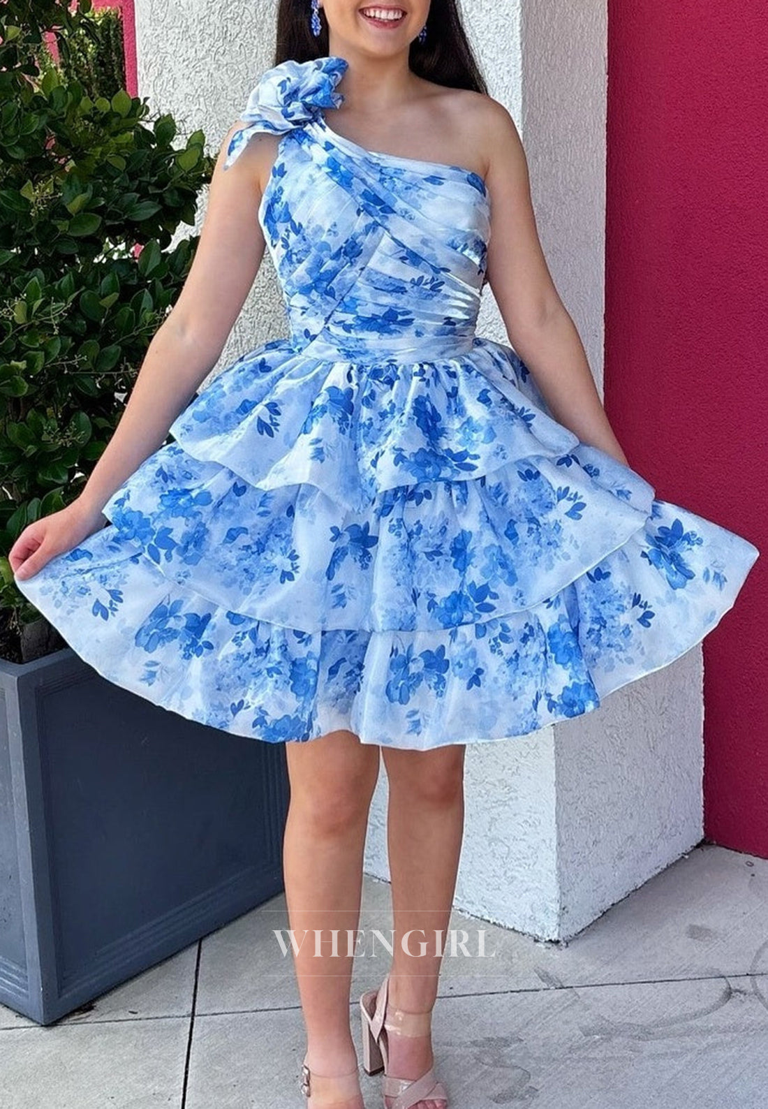 One Shoulder Blue A-Line Sleeveless Pleated Floral Short Homecoming Dress