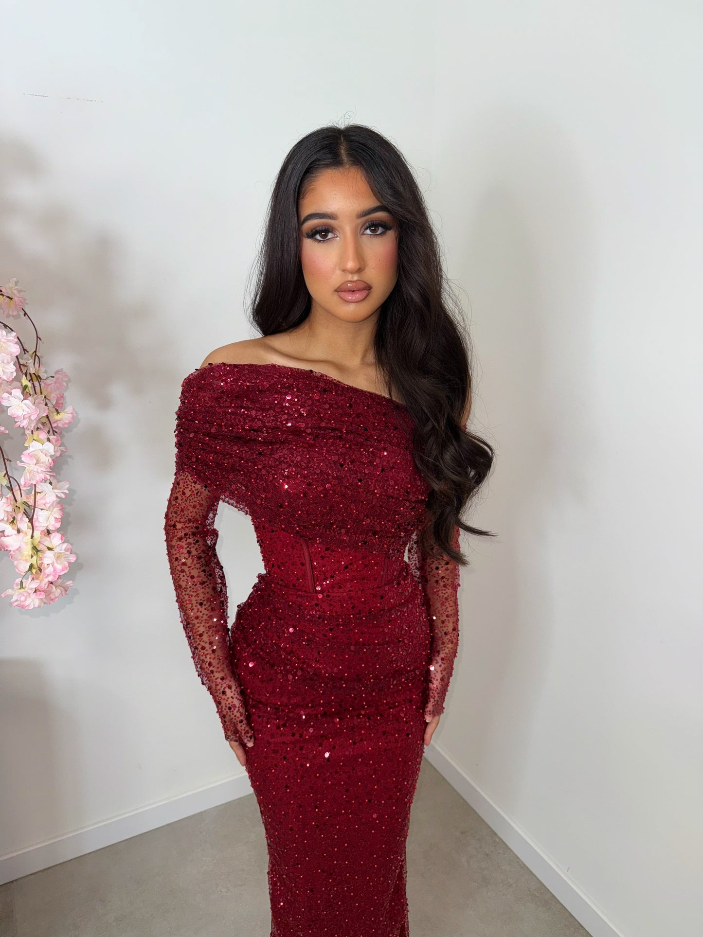 Pale Blush Off Shoudler Long Sleeves Beaded Sheath Evening Gown with Sweep Train