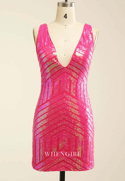 V Neck Sleeveless Sequins Sheath Back Zipper Short Homecoming Dress