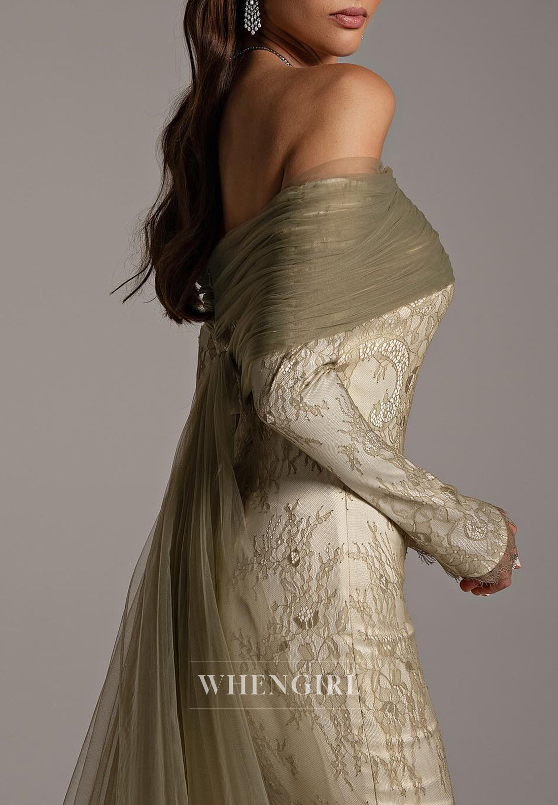 Off Shoulder Long Sleeves Sheath Sweep Train Lace Formal Evening Dress