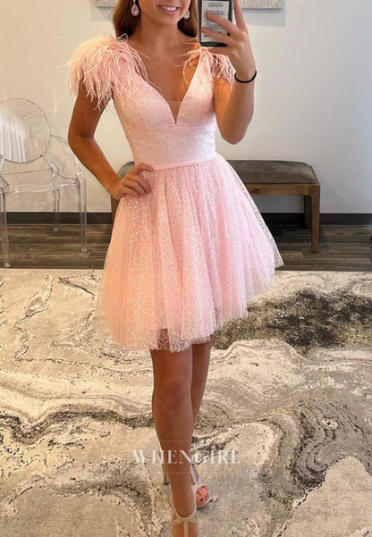 Blush V Neck Feather Sleeveless A-Line Short Beads Homecoming Dress