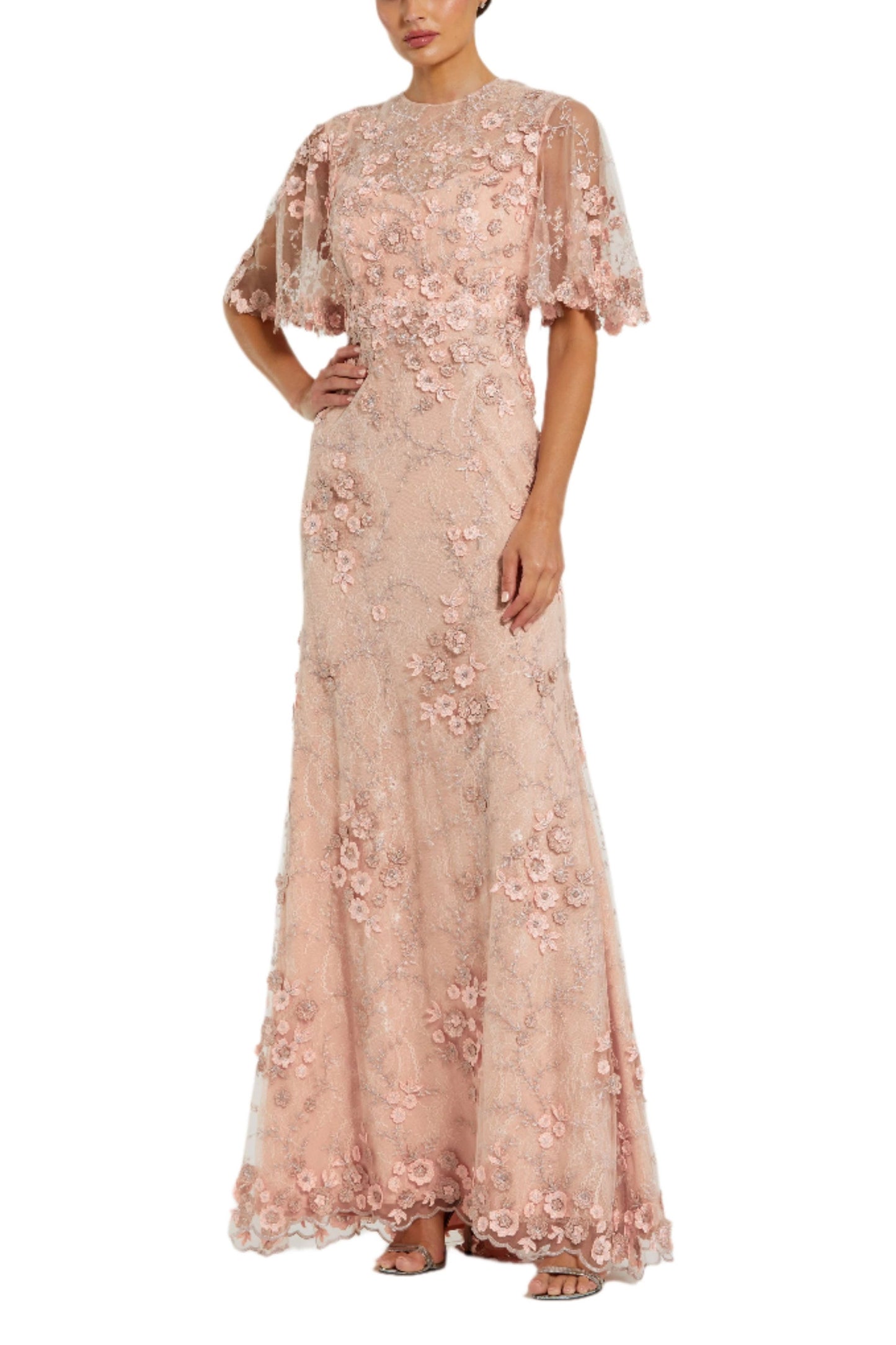 Column Rose Pink Short Sleeve Floral Emboridered Mother of the Bride Gown