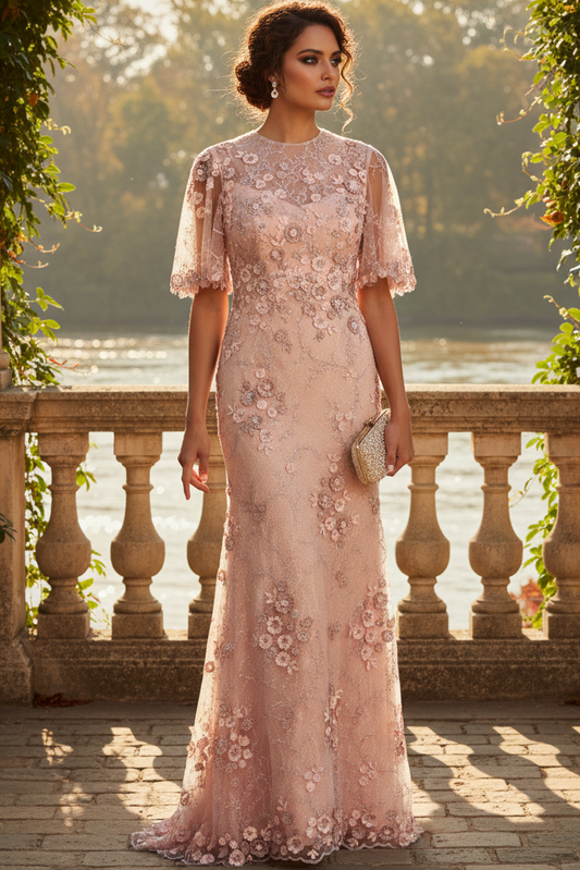 Column Rose Pink Short Sleeve Floral Emboridered Mother of the Bride Gown
