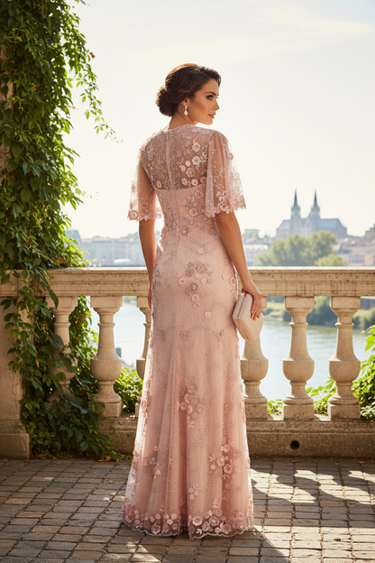 Column Rose Pink Short Sleeve Floral Emboridered Mother of the Bride Gown