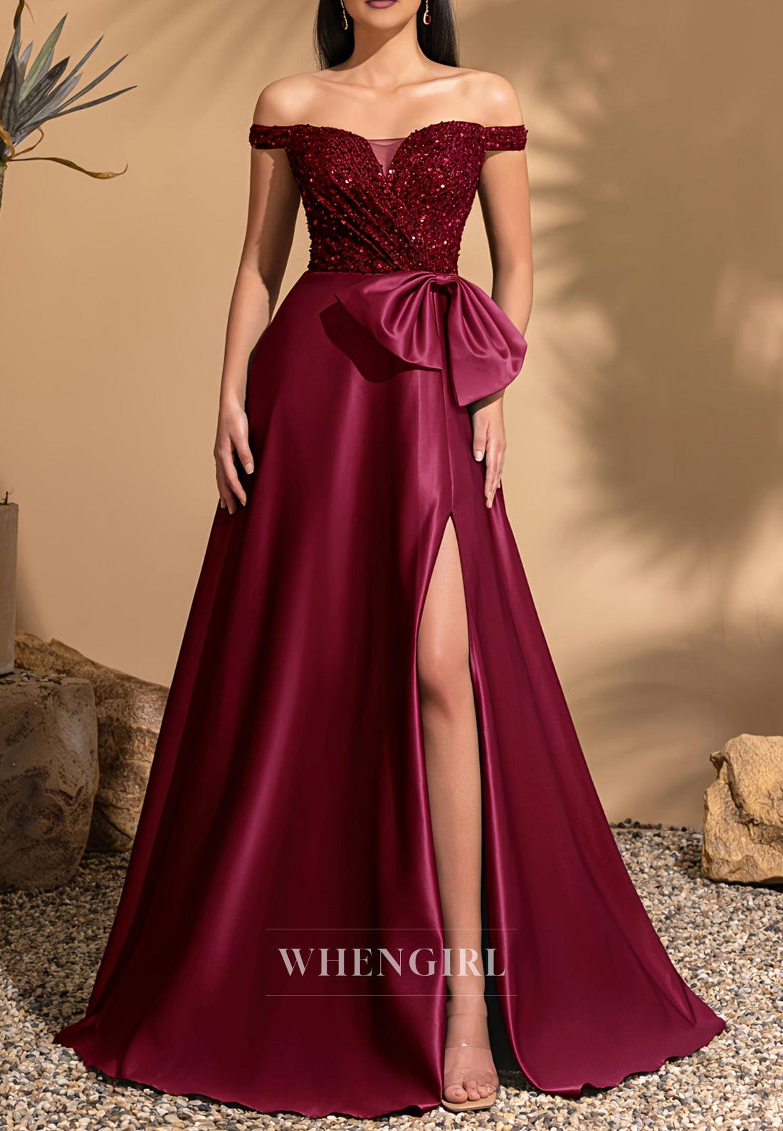Burgundy Off Shoulder Sequins Bowknot Side Slit A-Line Mother of the Bride Dress