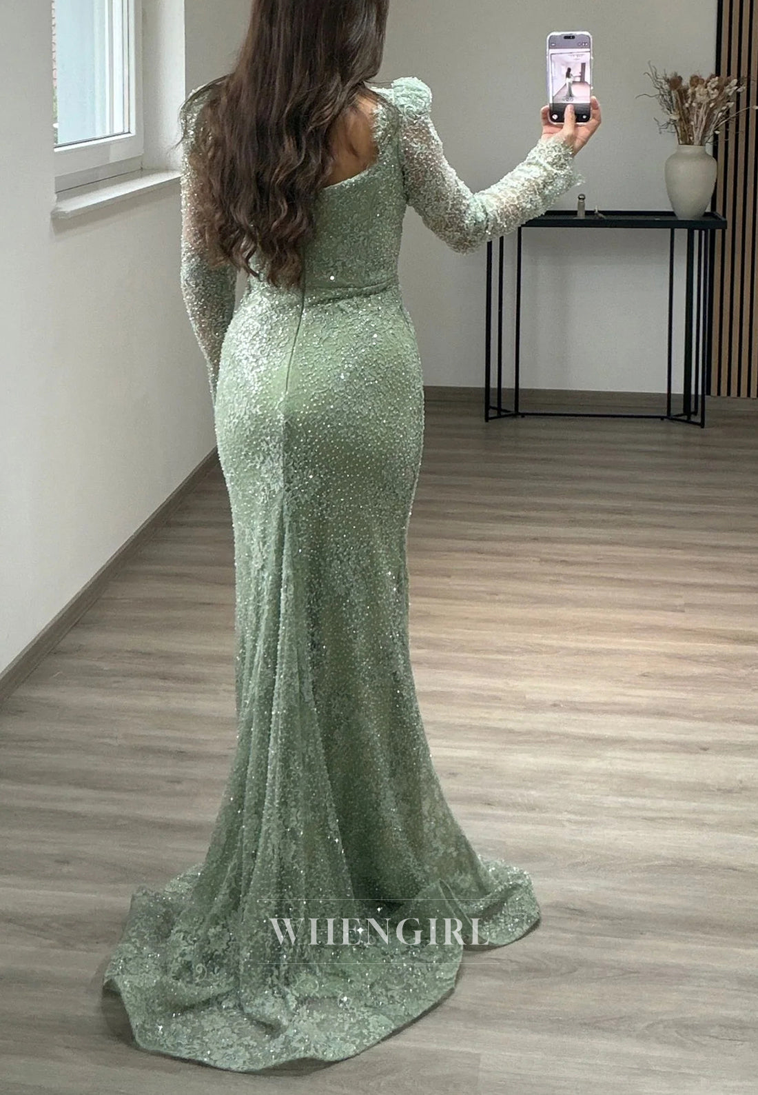 Mermaid Beaded Square Neck Long Sleeves Beaded Lace Evening Formal Dress