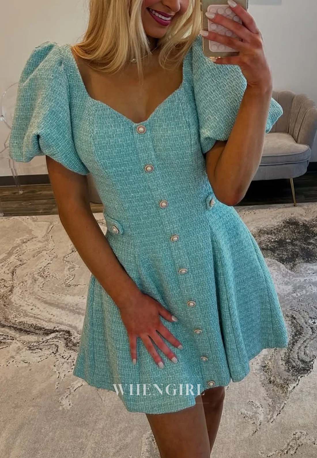 A-Line V Neck Short Puff Sleeves Buttons Short Homecoming Dress