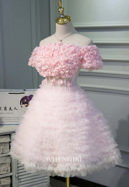 Light Pink Off Shoulder Floral A-Line Short Sleeves Lace Up Short Homecoming Dress