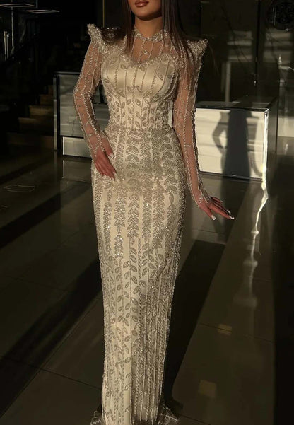 High Neck Long Sleeves Beaded Sheath Floor Length Formal Dress Evening Gown