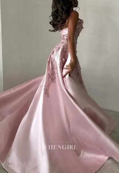 Pale Blush Sleeveless Appliqued Tube Top Formal Dress Floral Sheath Satin Evening Dress with Train