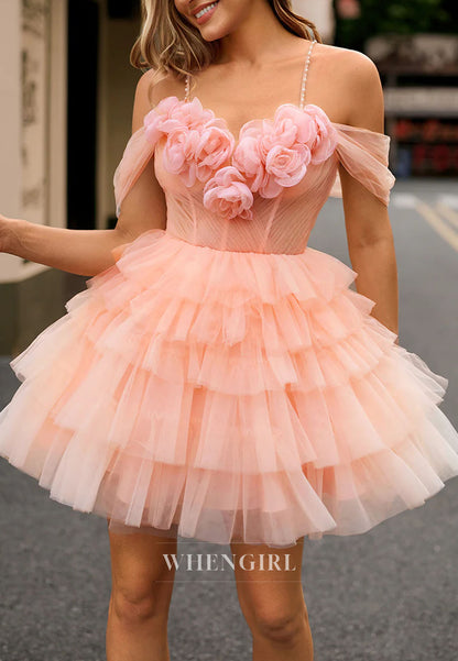 Pearl Pink Sweetheart 3D Flowers Back Zipper Multi Tiered Tulle A-Line Short Homecoming Dress