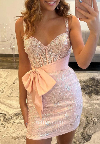 Sweetheart Beaded Back Zipper Sheath Bowknot Sleeveless Short Homecoming Dress
