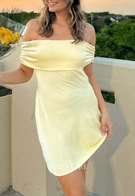 Yellow Off Shoulder Sleeveless Simple Sheath Short Homecoming Dress