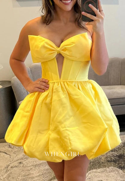 A-Line Sleeveless Cut Out V Neck Lace Up Strapless Satin Short Homecoming Dress