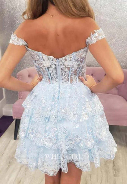 A-Line Off Shoulder Multi Tiered Back Zipper Sweetheart Homecoming Dress