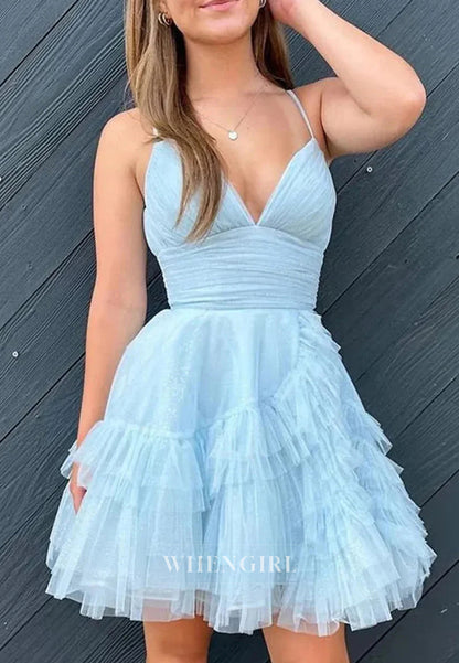 Tulle V Neck Sleeveless Spaghetti Straps Multi Tiered Back Zipper A-Line Shot Homecoming Dress
