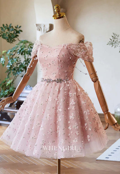 Blush Off Shoulder Sleeveless Rhinestons Beading Floral Pears A-Line Short Homecoming Dress