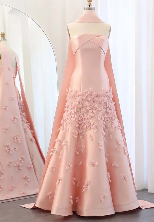 A-Line Strapless Pleated Beaded Strapless Sleeveless Floor Length Formal Dress with Cape