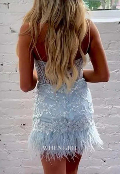 Sky Blue Sleeveless Spaghetti Straps Appliqued Lace Feather Short Homecoming Dress