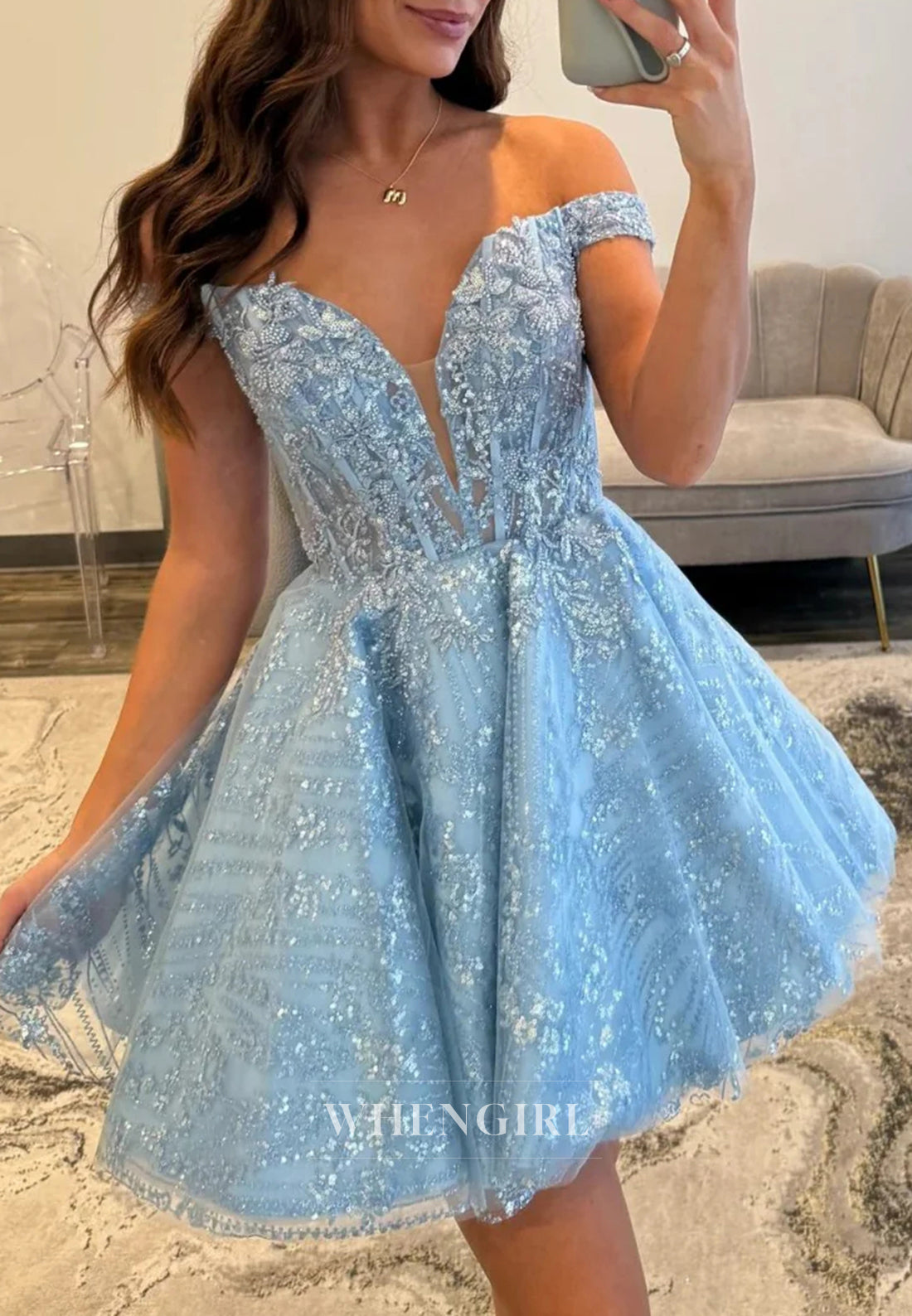 Sky Blue V Neck Off Shoulder Sleeveless Beaded Back Zipper A-Line Short Homecoming Dress