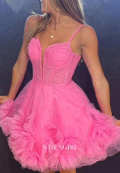 A-Line Sleeveless V Neck Multi Tiered Lace Up Short Tulle Homecoming Dress