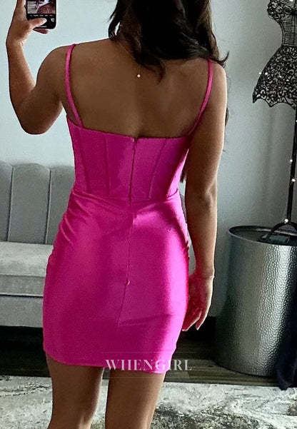 Fuchsia Cut Out Sleeveless Sheath Short Satin Homecoming Dress with Beads and Side Slit
