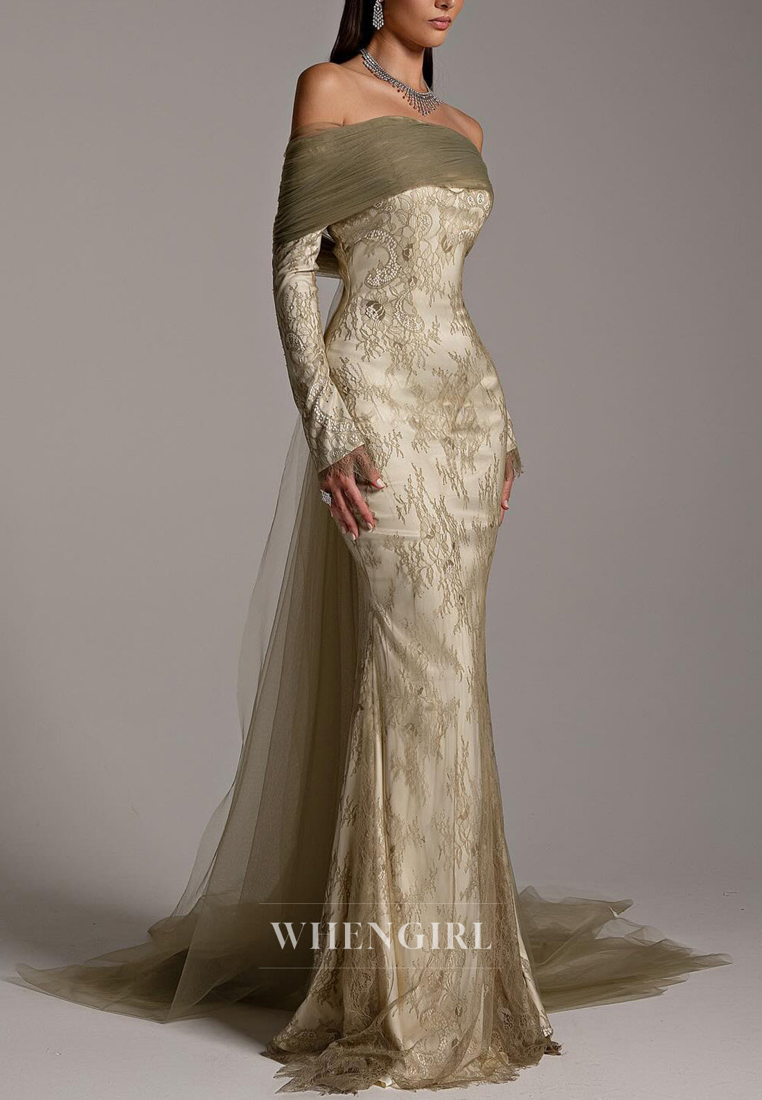 Off Shoulder Long Sleeves Sheath Sweep Train Lace Formal Evening Dress