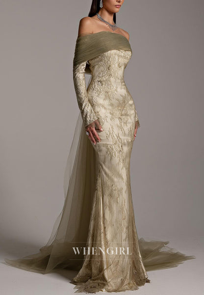 Off Shoulder Long Sleeves Sheath Sweep Train Lace Formal Evening Dress