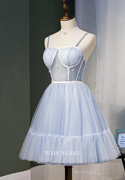 Light Blue Off Shoulder Sleeveless A-Line Tulle Lace Up Short Homecoming Dress