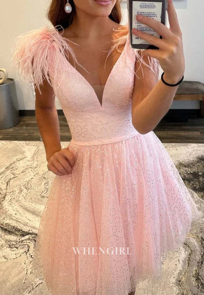 Blush V Neck Feather Sleeveless A-Line Short Beads Homecoming Dress