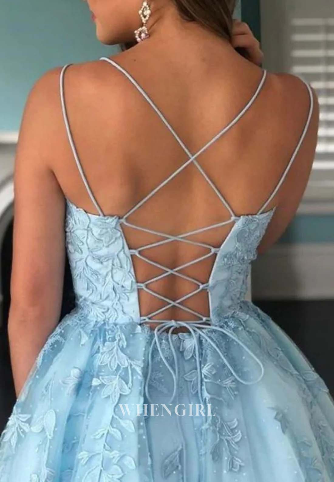 Sky Blue Spaghetti Straps Appliqued Lace Lace Up Sleeveless Short A-Line Homecoming Dress