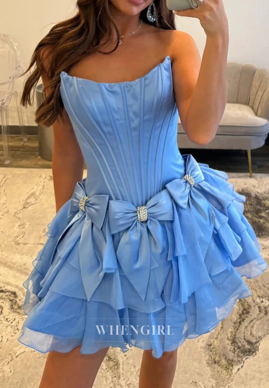 Sleeveless Ruffles Bowknot Strapless Short A-Line Homecoming Dress
