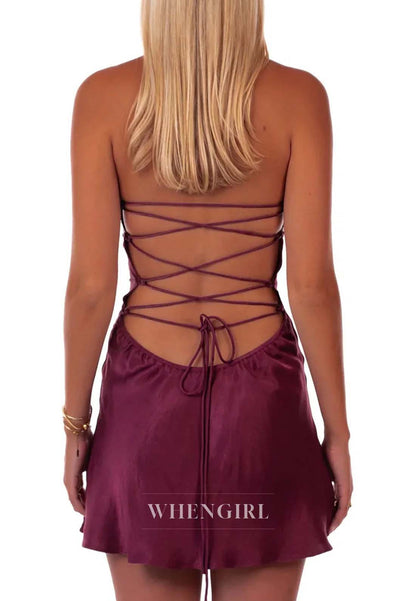 Halter Beaded Sleeveless Lace Up Sheath Short Homecoming Dress
