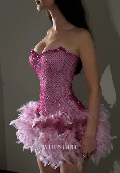 Sheath Beaded Feather Sleeveless Sweetheart Strapless Homecoming Dress