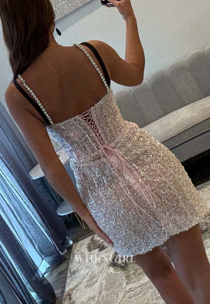 V Neck Beaded Side Slit Lace Up Sheath Sleeveless Short Homecoming Dress