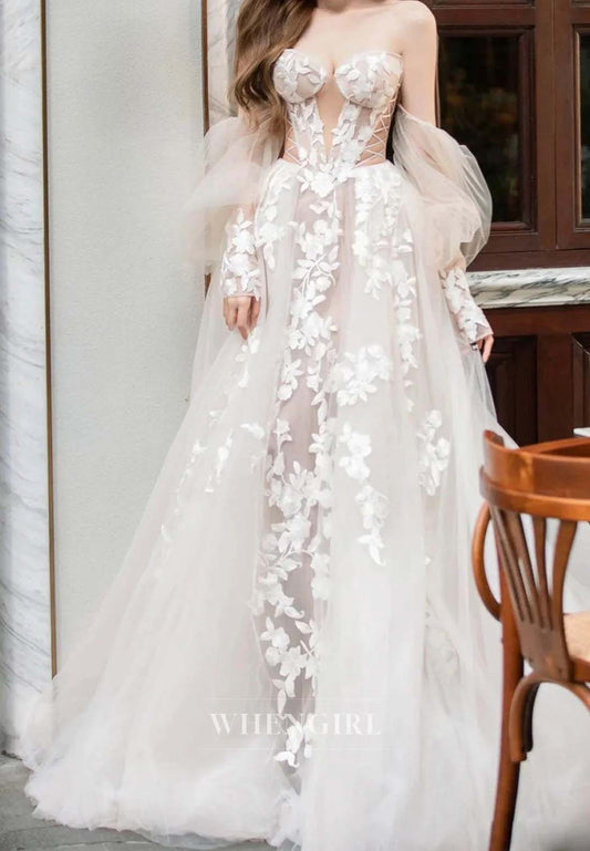 Sweetheart Off Shoulder Appliqued Lace Long Sleeves Tulle A-Line Wedding Dress with Weep Train