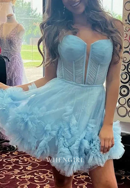 A-Line Sleeveless V Neck Multi Tiered Lace Up Short Tulle Homecoming Dress