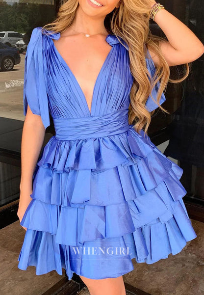 A-Line V Neck Sleeveless Multi Tiered Zipper Back Sleeveless Short Homecoming Dress