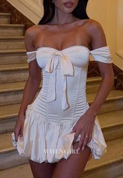 Beige Sleeveless Off Shoulder Sweetheart Bowknot A-Line Short Lace Up Homecoming Dress