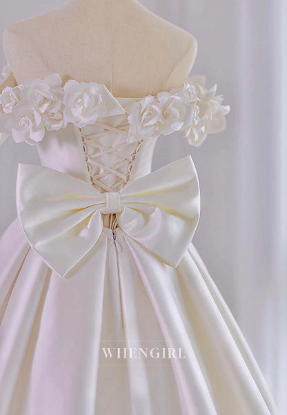 3D Flowers Off Shoulder Sleeveless Lace Up Bowknot A-Line Satin Court Train Wedding Dress