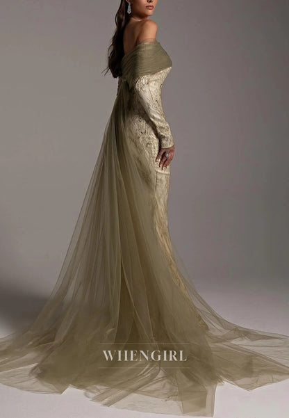 Off Shoulder Long Sleeves Sheath Sweep Train Lace Formal Evening Dress
