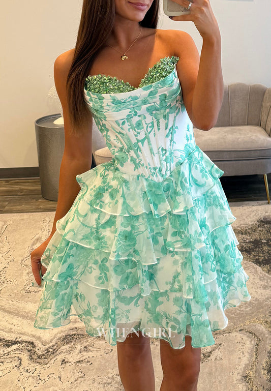 Sweetheart Beaded Sweetheart Sleeveless Pleated Multi Tiered Back Zipper A-Line Short Homecoming Dress