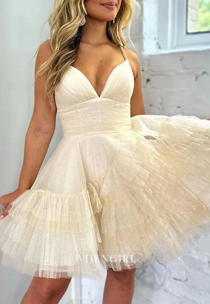 Tulle V Neck Sleeveless Spaghetti Straps Multi Tiered Back Zipper A-Line Shot Homecoming Dress