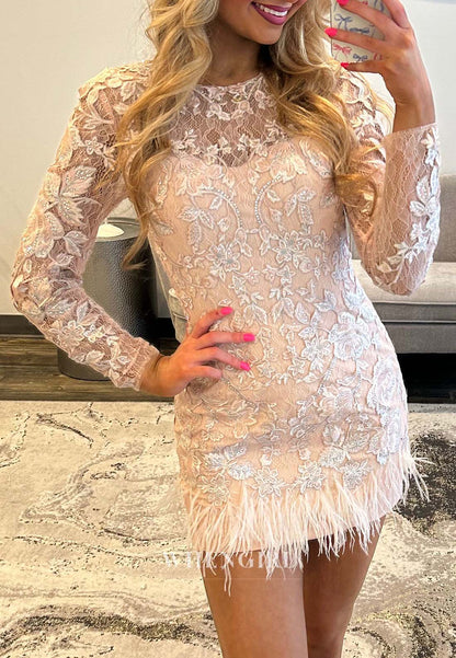 Blush Lace Long Sleeves Beteau Neck Feather Back Zipper Sheath Short Homecoming Dress