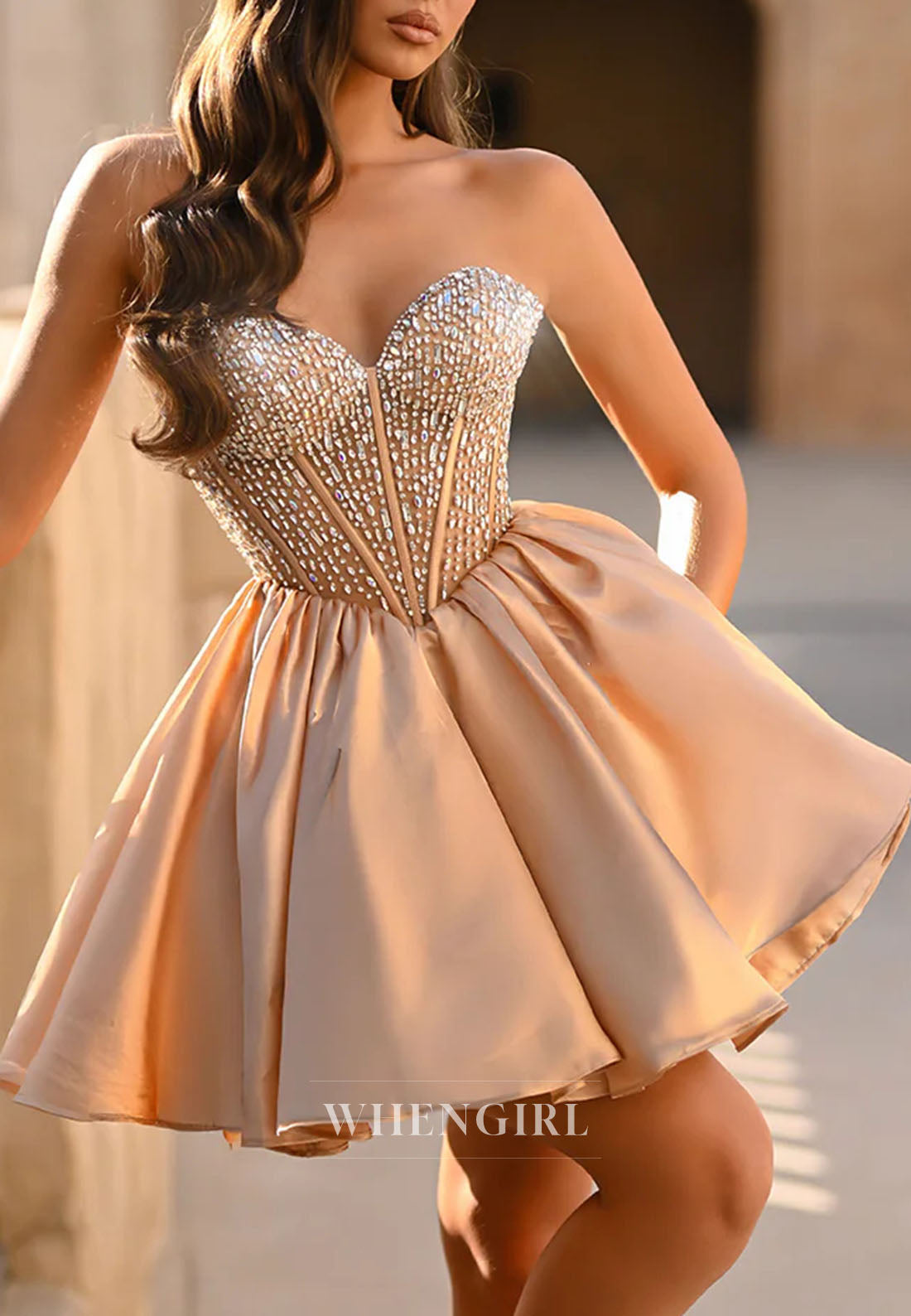 A-Line Sweetheart Sleeveless Beaded Strapless Satin Short Homecoming Dress