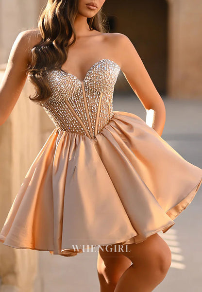 A-Line Sweetheart Sleeveless Beaded Strapless Satin Short Homecoming Dress
